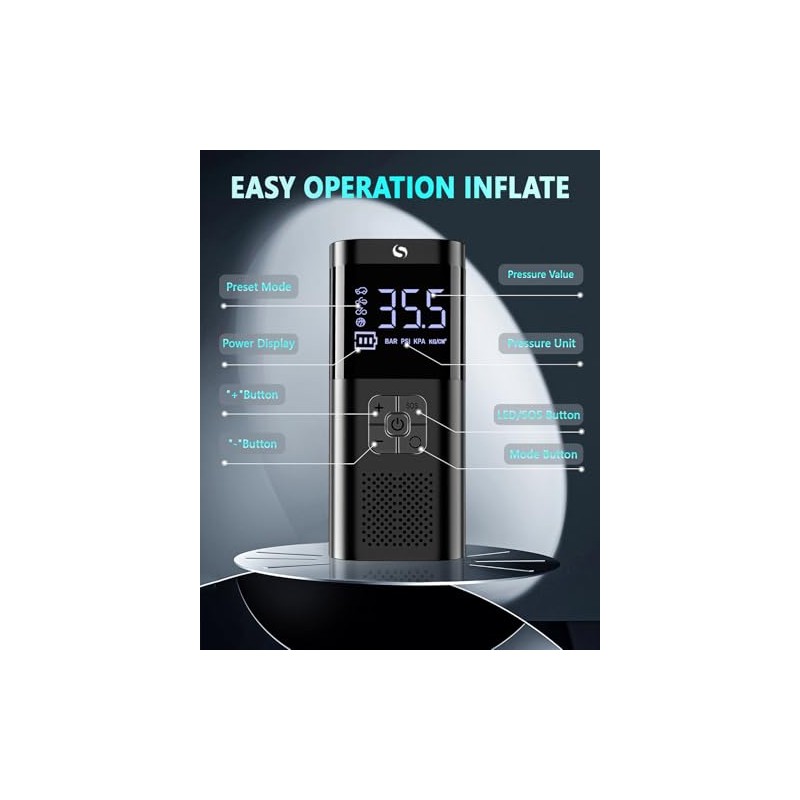 Portable Cordless Tire Inflator with LED Light and Gauge