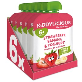 Kiddylicious Strawberry & Banana Yoghurt Pouches - Delicious Pouches for Babies - Suitable for 6+ Months - 100g x 6 Packs