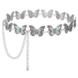 UpFind - Cinturón de cadena de metal occidental para mujer, con eslabones de cintura para jeans, vestidos de concierto, bohemios, 03plateado, Fit waist up to 45’’