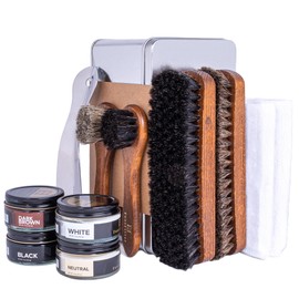 FootFitter Complete Leather Shoe Shine Refill Kit, Horsehair Brushes, Shoe Polish Creams, Microfiber Cloths & Travel Shoehorn (Classic Colors)