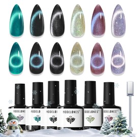 Modelones Cat Eye Gel Nail Polish Set, 6 Colors Christmas Winter Holographic 9D Glassy Cat Eye Glitter Gel Polish Set Black Blue Purple Green Nail Polish Kit with Magnet Soak Off LED Nail Art DIY Gift