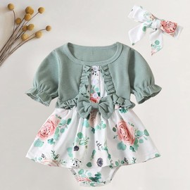 Fishlead Mameluco de Princesa para Bebé Recién Nacido, Vestido Floreado, Ropa de Verano para Bebé, con Diadema, Cumpleaños y Regalos de Fiestas (70CM-Verde)