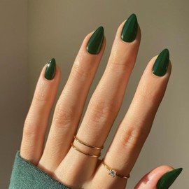 Dark Green Press on Nails Short Almond Shaped, SXVME 30 Pcs Thick Short Fake Nails Glue on Acrylic False Nails Christmas Solid Color Glue on Nails Medium Natural Fit Stick on Nails For Women