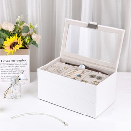 Kendal Jewelry Tray, Stackable Jewelry Box, Drawer Jewelry Organizer, with Glass Lid, Removable Dividers, for Vanity Table, Gift Idea (White)