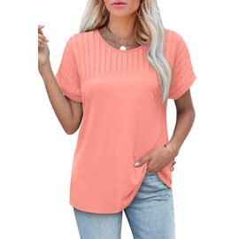 Womens Summer Tops Dressy Casual Crewneck T Shirts Short Sleeve Pleated Vacation Outfits Coral XL