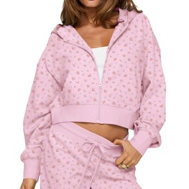 Cioatin Women Zip Up Crop Hoodies Jacket Loose Fit Fleece Sweatshirt Y2K Ditsy Floral Pullover Aesthetic Girls Clothes Fall Pink