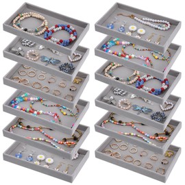 AojSup 12 Pcs Small Velvet Jewelry Trays Stackable Jewelry Drawers Organizer Trays, Jewelry Storage Display Trays for Necklace Earring Ring Bracelet, Grey (8.26 x 4.92 x 0.98 Inches)
