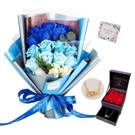 EIGHTOWN Roses Bouquet Artificial Flower - Preserved Blue Rose Flowers with Love Necklace for Her - Unique Gifts Valentine's Day, Mother's Day, Thanksgiving, Birthday, Anniversary