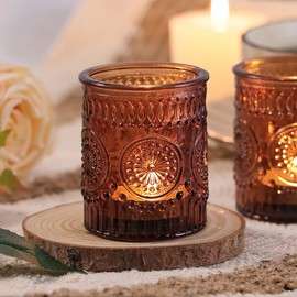 DARJEN Amber Votive Candle Holders Set of 36- Glass Candle Holders Bulk for Flameless LED Tea Waxes, Vintage Candle Holder for Wedding & Home Table Decor, Vintage Parties