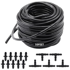 Aienxn 50FT 1/4" Blank Distribution Tubing Drip Irrigation Tubing Drip Irrigation Hose, Garden Watering Tube Line with 15PCS Drip Irrigation Barbed Connectors for Garden Irrigation System