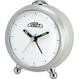 PRIM Modern Silver Alarm Clock, Non-Ticking Alarm Clock (Silver and White) with Warm Light, Minimalist Dial Design, Fashionable Bedside Alarm Clock, Modern Decoration (
