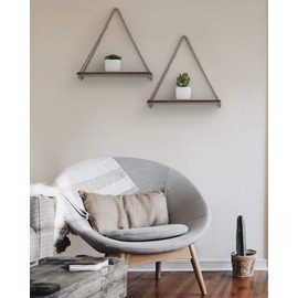 Rustic Set of 2 Wooden Floating Shelves with String – Farmhouse Hanging Shelves for Living Room Wall – Small Kitchen Shelves with Rope – 17”x5.2” – Distressed, Torched Brown Color