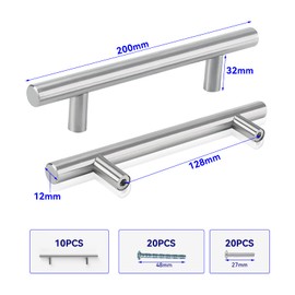 AIMEKE Pack of 10 Furniture Handles, 128 mm Hole Spacing, Cabinet Handles, Silver Door Handles, Kitchen Cabinet Handles, Brushed Stainless Steel Kitchen Handles, Drawer Handles, T Bar Handle