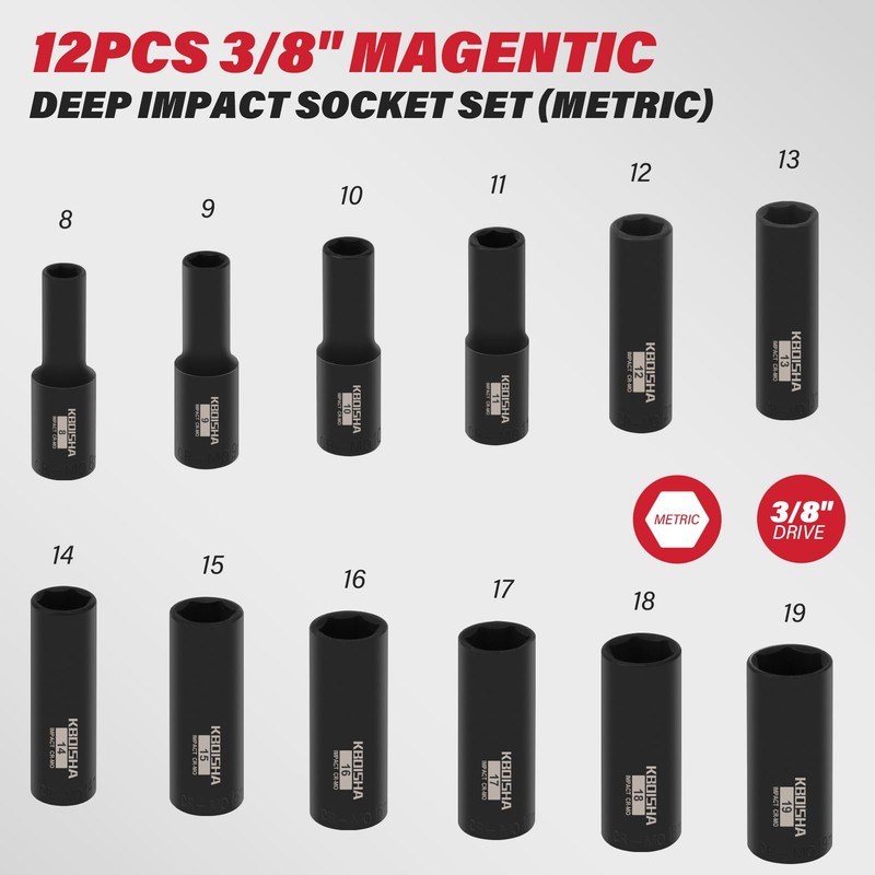 KBOISHA 3/8 Inch Drive Deep Magnetic Socket Set,12-Piece Metric 8mm-19mm