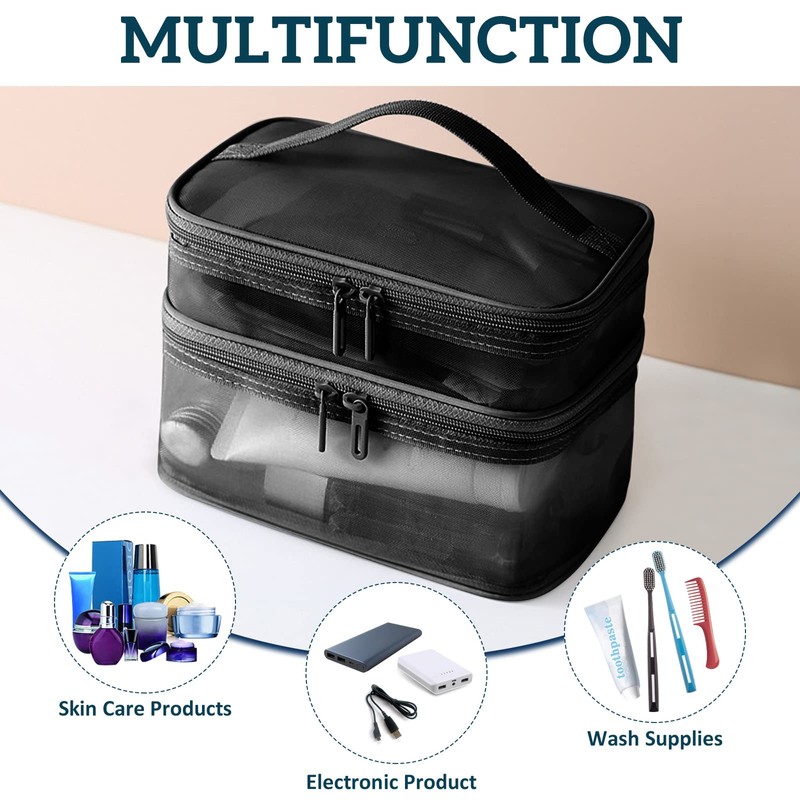 Double Layer Makeup Bag, Large Mesh Travel Cosmetic Pouch with
