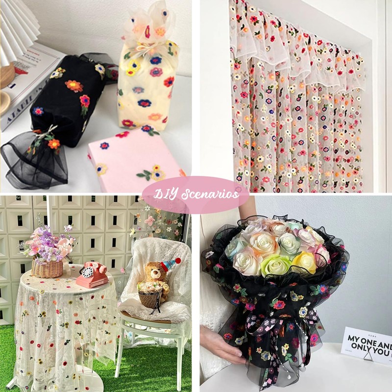 JIALE Black Floral Table Runner, Embroidery Daisy Seasonal Table Decorations,