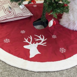 Homey Cozy 56 inch Large Christmas Tree Skirt,Red and White Deer Fur Edge Luxury Embrodered Christmas Decoration - Deer Head