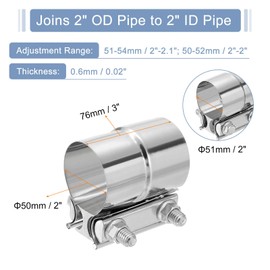sourcing map 2" Exhaust Clamp, 304 Stainless Steel Butt Joint Band Clamp Sleeve Coupler Pipe Repair Clamp Universal Widening Clamp for 2" OD to 2" ID Exhaust Pipe Mufflers, Silver