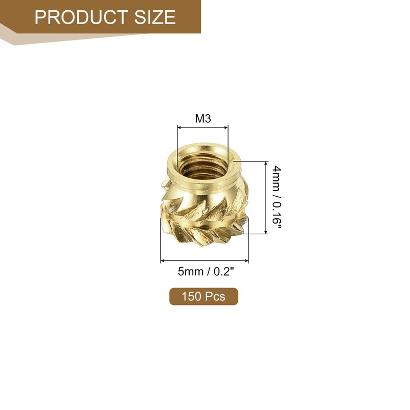 sourcing map 150Pcs M3x4x5mm Knurled Insert Nut, Brass Knurled Threaded