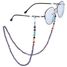 Nupuyai 7 Chakra Amethyst Crystal Stone Beaded Eyeglass Chain for Women, Ladies Sunglass Chain Face Mask Chain Eyeglass Cord Band Myopia Reading Glass Chain