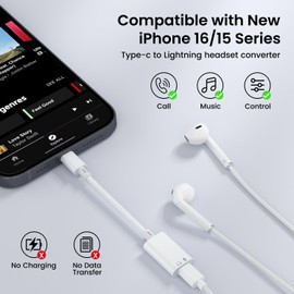 USB C to Lightning Audio Adapter, USB C Male to Female Lightning Earbuds Audio Adapter Compatible with iPhone 16 Pro Max/16/16e/15/15 Pro, iPad Pro, iPad Air 6/5, MacBook, Galaxy S25/S24 (No Charge)