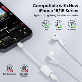 USB C to Lightning Audio Adapter, USB C Male to Female Lightning Earbuds Audio Adapter Compatible with iPhone 16 Pro Max/16/16e/15/15 Pro, iPad Pro, iPad Air 6/5, MacBook, Galaxy S25/S24 (No Charge)