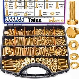 Taiss 966pcs Grade 8.8 Metric Bolt Assortment,Metric Bolts and Nuts Assortment,Bolt Kit M4 M5 M6 M8(12-30mm) Heavy Duty Hex Bolts and Nuts Kit Flat/Lock Washer Yellow Zinc Plated,with Handheld Box