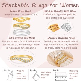 PABBEU 3PC Silver Gold Stacking Rings Chunky Gold Ring Hypoallergenic 14KGold Plated Rings Cubic Zirconia SilverRings Set Thumb Ring for Women Gifts