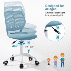 Homy Casa Teen Task Chair, Adjustable Height Swivel Office Computer Desk Chair with Backrest Wheels, Armless Comfy Seat Lumbar Support Rolling Work Chairs for Home Bedroom Study Student, Morandi Blue