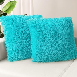 TOONOW Set of 2 Decorative Throw Pillow Covers 20" x 20", Aqua Teal Fluffy Pillow Covers New Luxury Faux Fur Square Pillow Covers for Sofa Couch Living Room Bedroom, No Pillow Insert