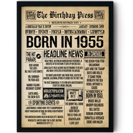 Stuff4 70th Birthday Poster Framed - Born In 1955 Vintage Newspaper - Happy 70th Birthday Gifts for Women Men Retro Back In 1955, 8x10 Inch Seventy Seventieth Decor Decoration Bday Party