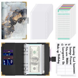 Rnivvi Budget Binder with Zipper Envelopes, A6 Money Saving Binder Cash Envelopes for Budgeting, PU Leather Budget Planner Money Organizer for Cash Bills, Marble Budget Wallet for Men, Gray Black Gold