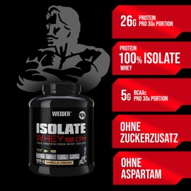 Weider Isolate Whey 100 CFM. Vanilla Flavour. Protein powder with high-quality whey protein isolate. Highly soluble. Up to 33 g protein in 1 serving. Without aspartame. Low sugar. 908 g