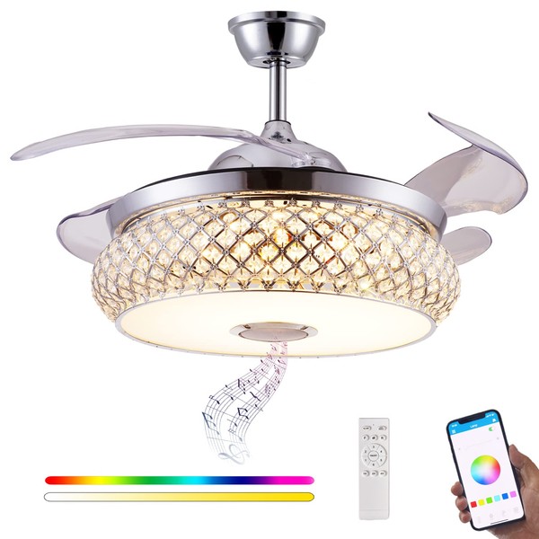 DFL 48" Retractable Bluetooth Ceiling Fan with Speaker, Ceiling Fan Chandelier with Bluetooth Speaker RGB Color Changing，6 Speed Reversible Modern Invisible Ceiling Fan,Remote and APP Control