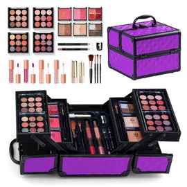 All in one Makeup Kit For Girls Teens, Makeup Set 4 Trays Spacious Space Train Case for Beginner with Eyeshadow Highlighter Lipgloss Blush Contour Concealer Brush Eyeliner Lipbalm - Color: purple