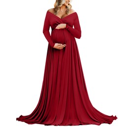 Saslax Maternity Off Shoulders Long Sleeve Half Circle Gown for Baby Shower Photo Props Dress Burgundy 162 X-Large