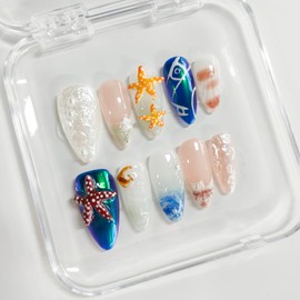 Handmade Nails 3D Almond Press on Nails Medium Length French Tip Thick Acrylic Fake Nails Summer False Nails with Starfish Shell Pearls Designs Beach Nails Glitter Nail Art Press on Nails 10Pcs(M)