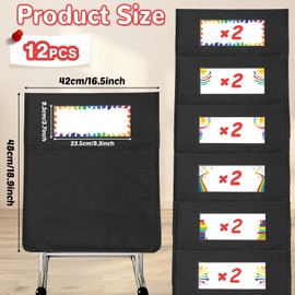 gisgfim 12 Pcs Chair Pockets for Classroom Large 19 x 17 inch Chairback Pocket Chart Seat Sacks Chairs Seat Back Organizer with Name Tag for Kindergarten School Home Teacher Supplies(Black)