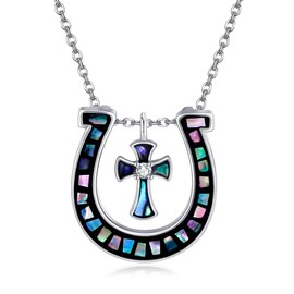 VENACOLY Horseshoe Necklace S925 Sterling Silver Horse Shoe Necklaces Abalone Horseshoe Cross Pendant Necklaces Lucky Horseshoe Horse Jewellery Gifts For Women Female Lover