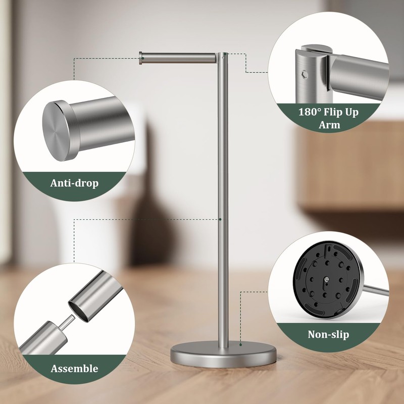 Evolvegoods Brushed Nickel Toilet Paper Holder Stand, Freestanding Toilet Paper