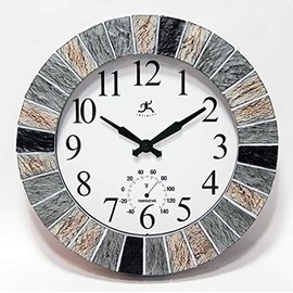 Infinity Instruments Slate 13 inch Outdoor Wall Clock Faux Slate Frame with Built-in Thermometer Combo Waterproof Large Outdoor Clock for Patios Weatherproof Battery Operated Quartz Movement