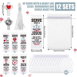 Supervitae 24 Pcs/ 12 Sets Serving with a Heart Like Jesus Bookmark with Cross Heart Pin Include 12 Christian Joshua 22: 5 Bookmarks 12 Cross Pin for Religious Church Volunteers Prizes Party Favors