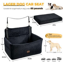 Dog Car Seat for Large Medium Dogs up to 60 lbs – Elevated Dog Booster Seat for Cars with Extra-Safe 14in High Front, Memory Foam Cushion, Washable Cover, Backseat Pet Car Bed (Black)