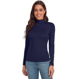 Womens Long Sleeve Mock Turtleneck Tops Lightweight Base Layer Shirts Navy Blue Small