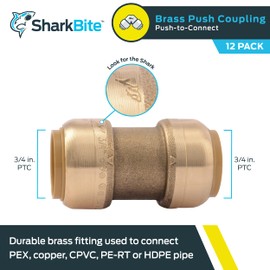 SharkBite 3/4 Inch Straight Coupling, Pack of 12, Push To Connect Brass Plumbing Fitting, PEX Pipe, Copper, CPVC, PE-RT, HDPE, U016LF