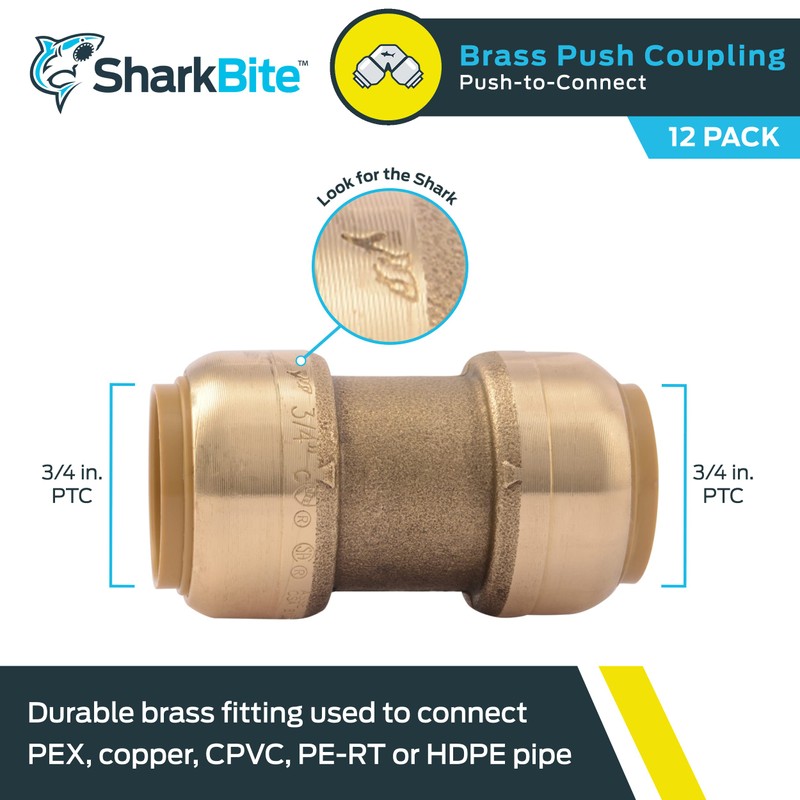 SharkBite 3/4 Inch Straight Coupling, Pack of 12, Push To