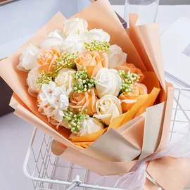 Woowei Soap Flower Bouquet, Mother's Day, Flower Gift, Roses, 18 Pieces, Popular Artificial Flower Bouquet, Birthday Present, Birthday Gift, Anniversary Gift, Retirement, Opening Celebration, Wedding Gift, Gift for Retirement, Champagne Color