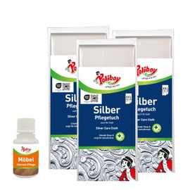 Poliboy Silver Cleaning Cloth - Silver Cleaning Cloth Against Tarnish Sites - Reusable Silver Polishing Cloth for Cutlery & Jewellery - 3 x 1 Piece - With Product Sample - Made in Germany