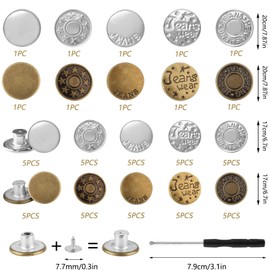 60 Set Replacement Metal Jeans Buttons 17mm & 20mm, No Sew Removable Adjustable Trouser Buttons in Vintage Bronze & Silver with Storage Box and 2 Screwdriver for Denim Repair & Waist Adjustment