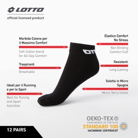 Lotto, 12 Pairs of Unisex Technical Socks Made of Soft Cotton with Micro Sponge Sole, Designed for Running, Gym, Fitness, Pilates, Oeko-Tex Certified, Black, EU 43-46 / UK 9-11, black
